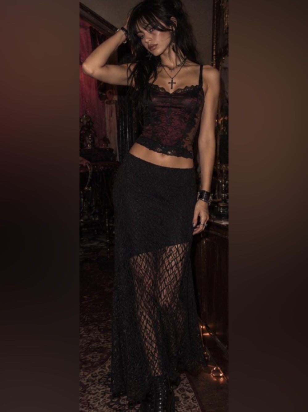 Whimsigoth Grunge Y2K sheer blacklace maxi skirt asymmetric handkerchief hemline